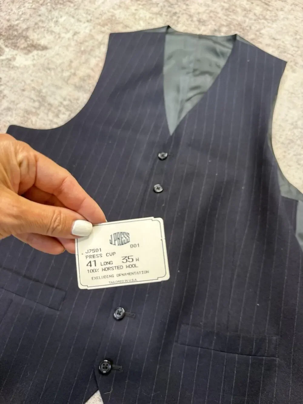 Vintage 70s Bespoke Vest Waistcoat Mens 41 L Navy Blue Pinstriped Wool